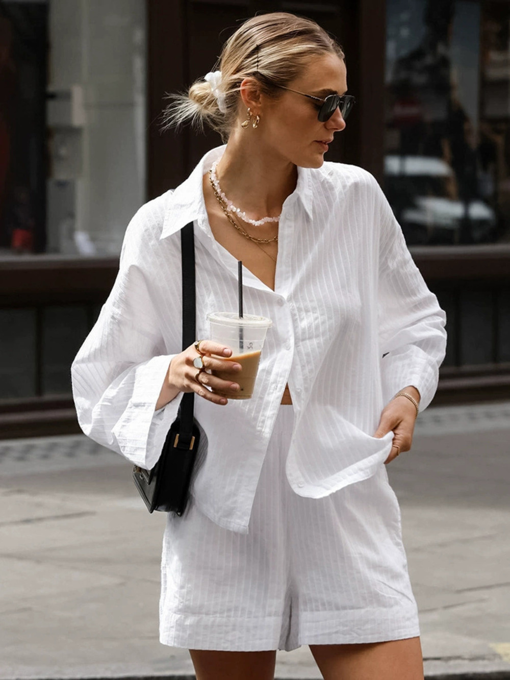 Forever 21 White Jacquard Cotton Street Loose Long Sleeve Shirt Shorts Set